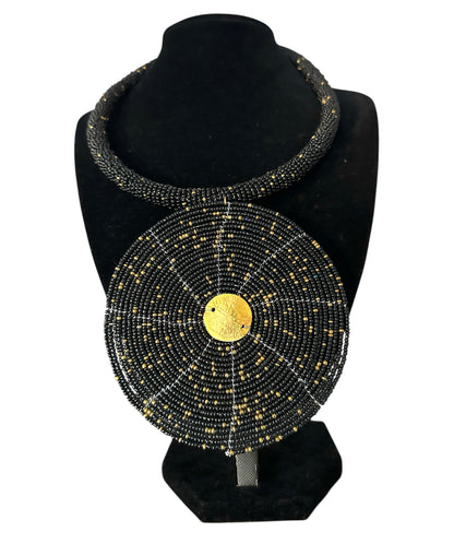 Maasai Black & Gold Beaded Disc Necklace | African Statement Jewellery