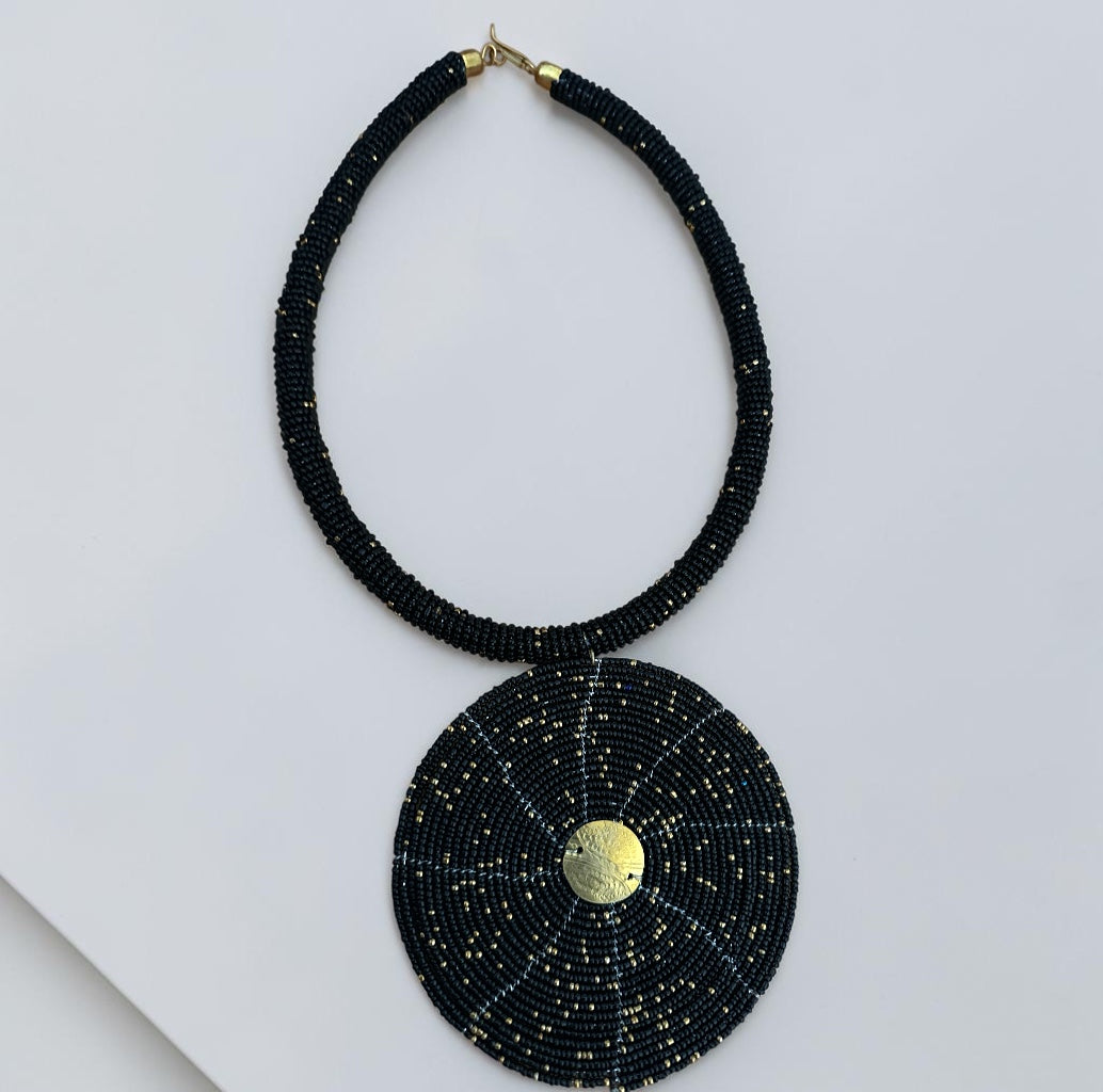 Maasai Black & Gold Beaded Disc Necklace | African Statement Jewellery