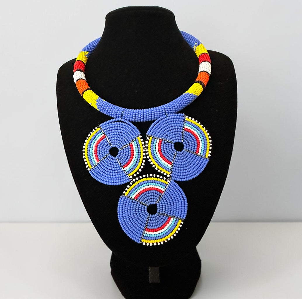 Maasai Blue Triple Ring Beaded Necklace | African Statement Jewellery Fatisha Boutique