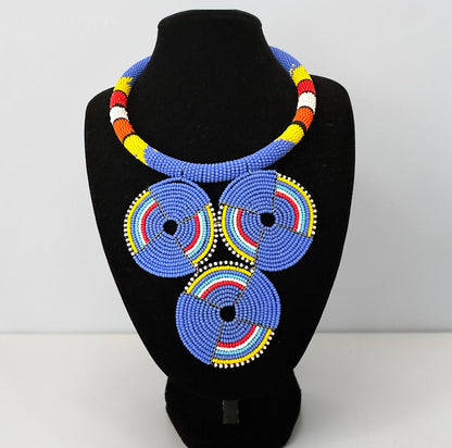 Maasai Blue Triple Ring Beaded Necklace | African Statement Jewellery