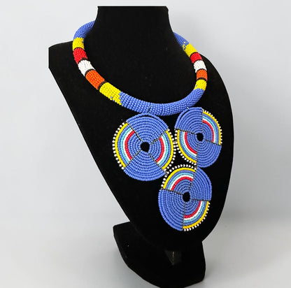 Maasai Blue Triple Ring Beaded Necklace | African Statement Jewellery