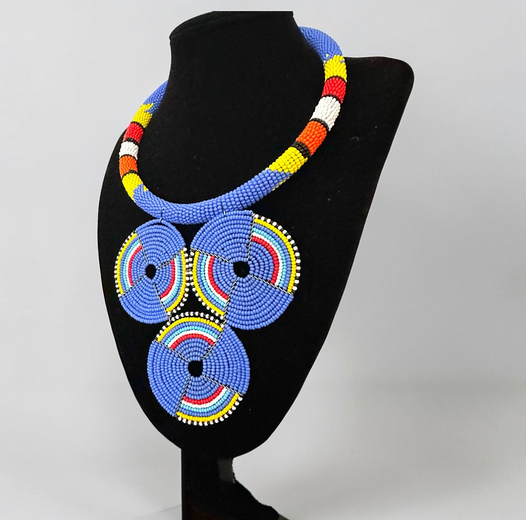 Maasai Blue Triple Ring Beaded Necklace | African Statement Jewellery Fatisha Boutique