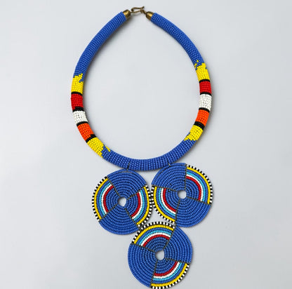 Maasai Blue Triple Ring Beaded Necklace | African Statement Jewellery