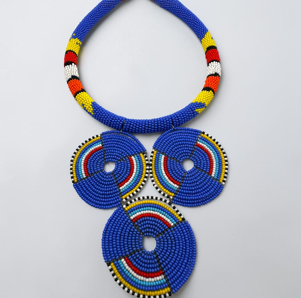 Maasai Blue Triple Ring Beaded Necklace | African Statement Jewellery Fatisha Boutique