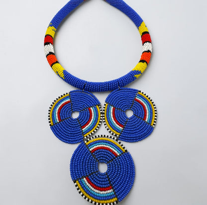 Maasai Blue Triple Ring Beaded Necklace | African Statement Jewellery