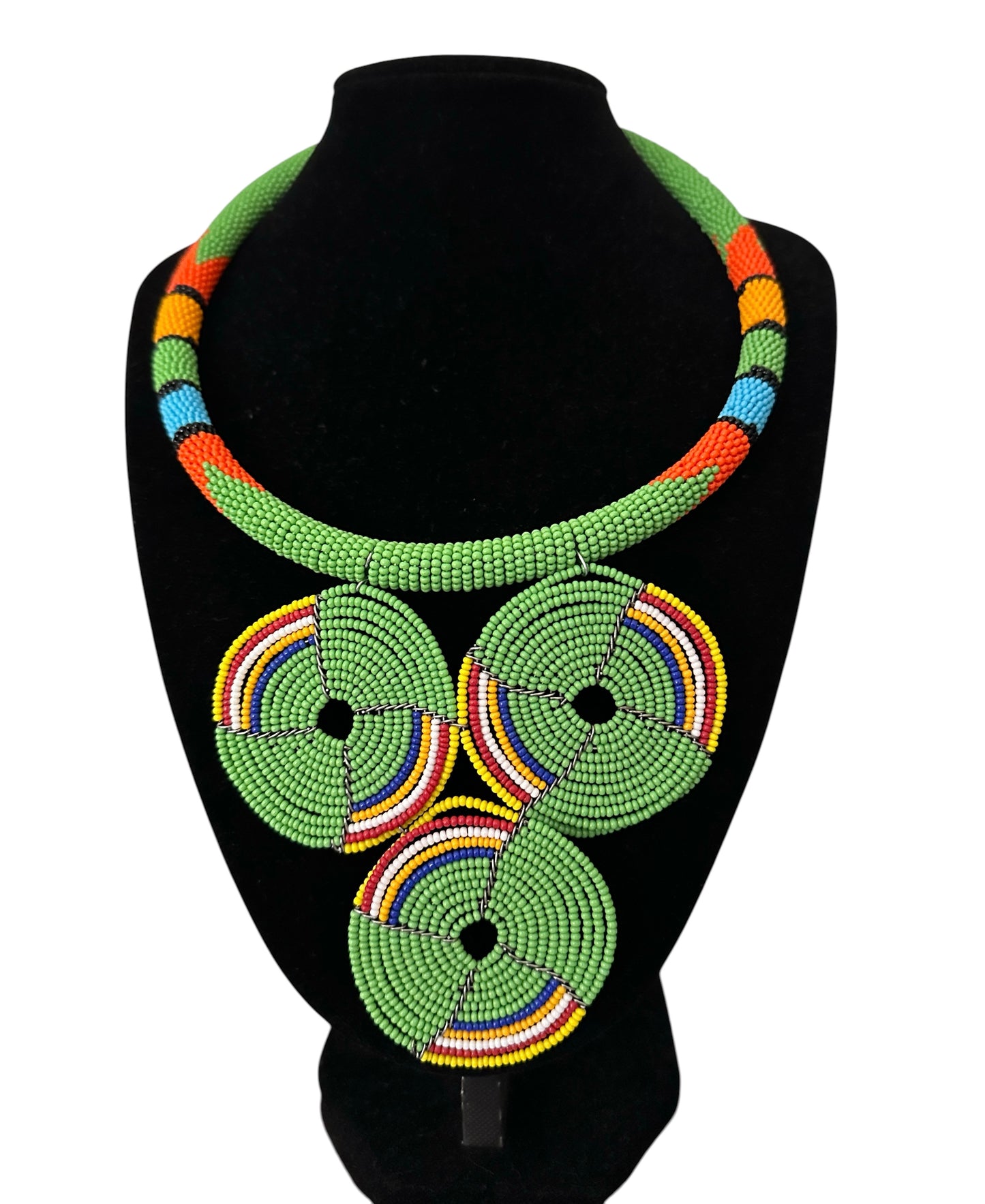 Maasai Green Triple Ring Beaded Necklace | African Statement Jewellery Fatisha Boutique