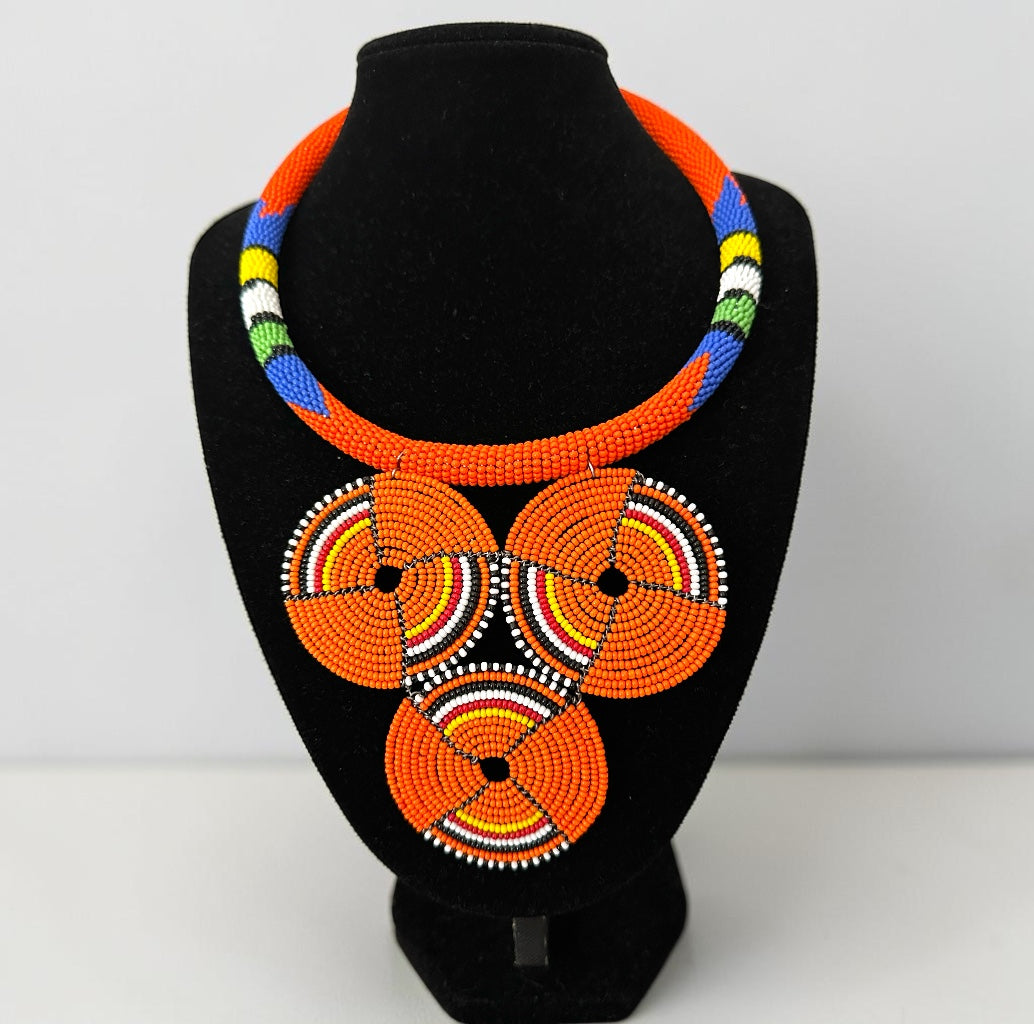 Maasai Orange Triple Ring Beaded Necklace | African Statement Jewellery Fatisha Boutique