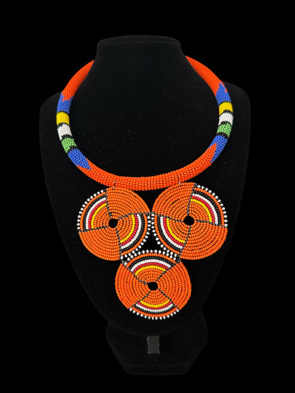 Maasai Orange Triple Ring Beaded Necklace | African Statement Jewellery