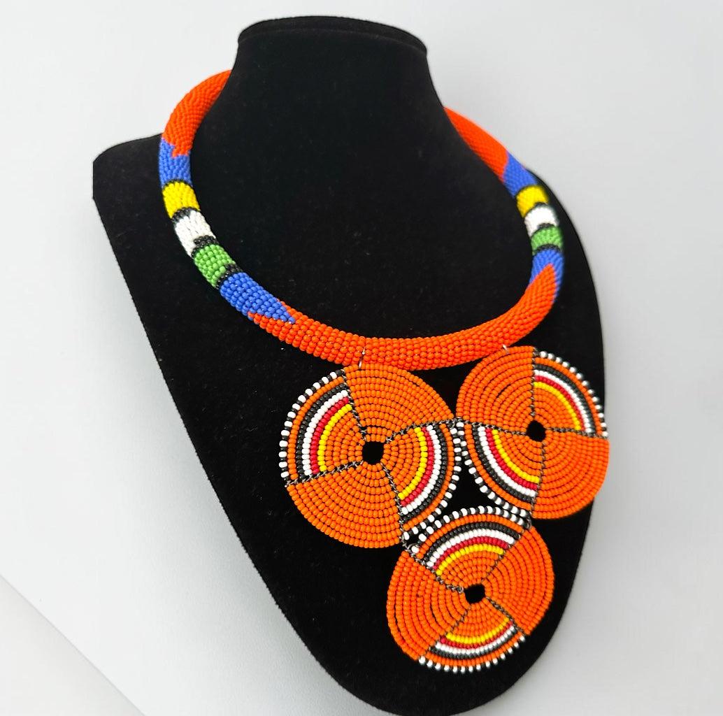 Maasai Orange Triple Ring Beaded Necklace | African Statement Jewellery Fatisha Boutique