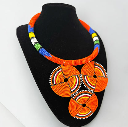 Maasai Orange Triple Ring Beaded Necklace | African Statement Jewellery