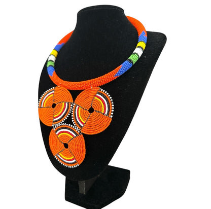 Maasai Orange Triple Ring Beaded Necklace | African Statement Jewellery