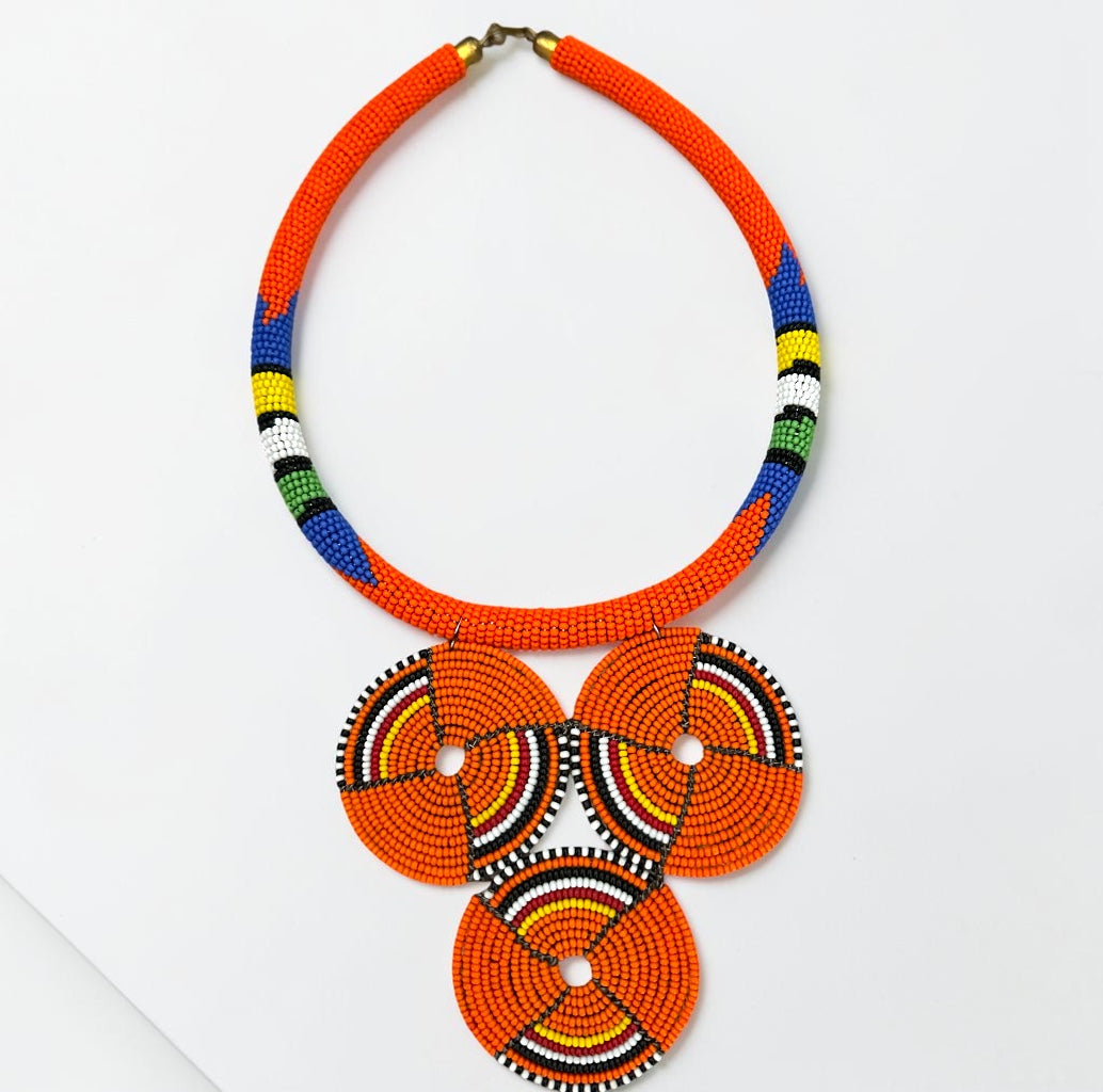 Maasai Orange Triple Ring Beaded Necklace | African Statement Jewellery