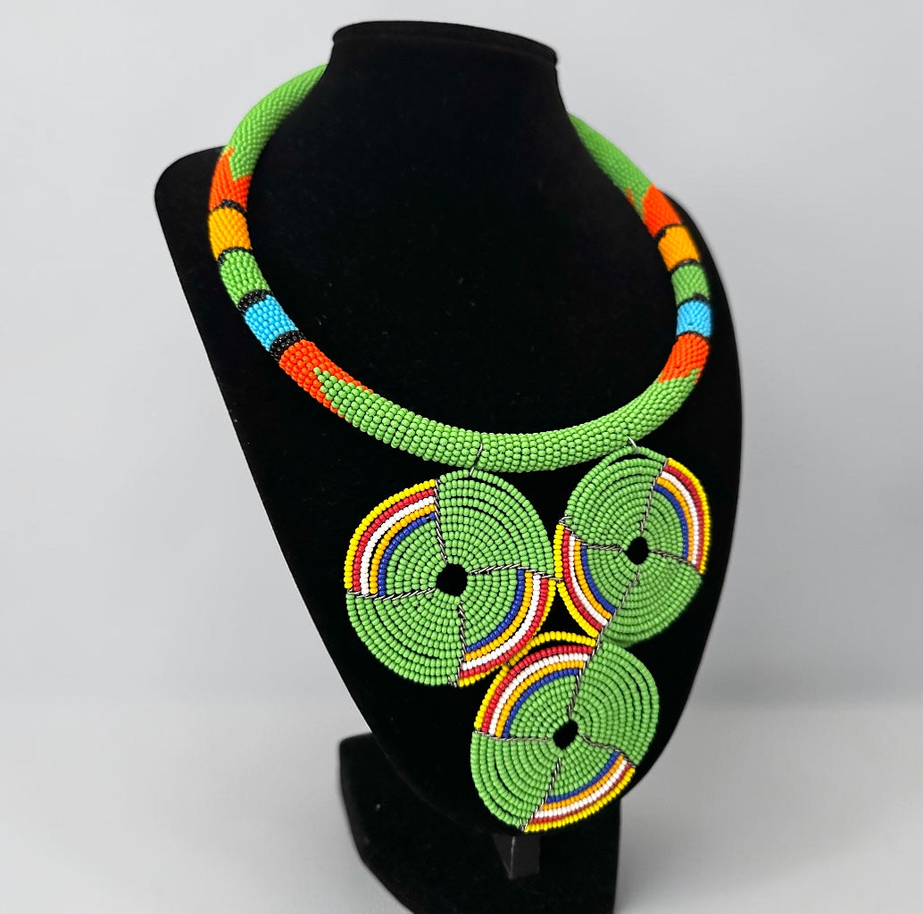 Maasai Green Triple Ring Beaded Necklace | African Statement Jewellery Fatisha Boutique
