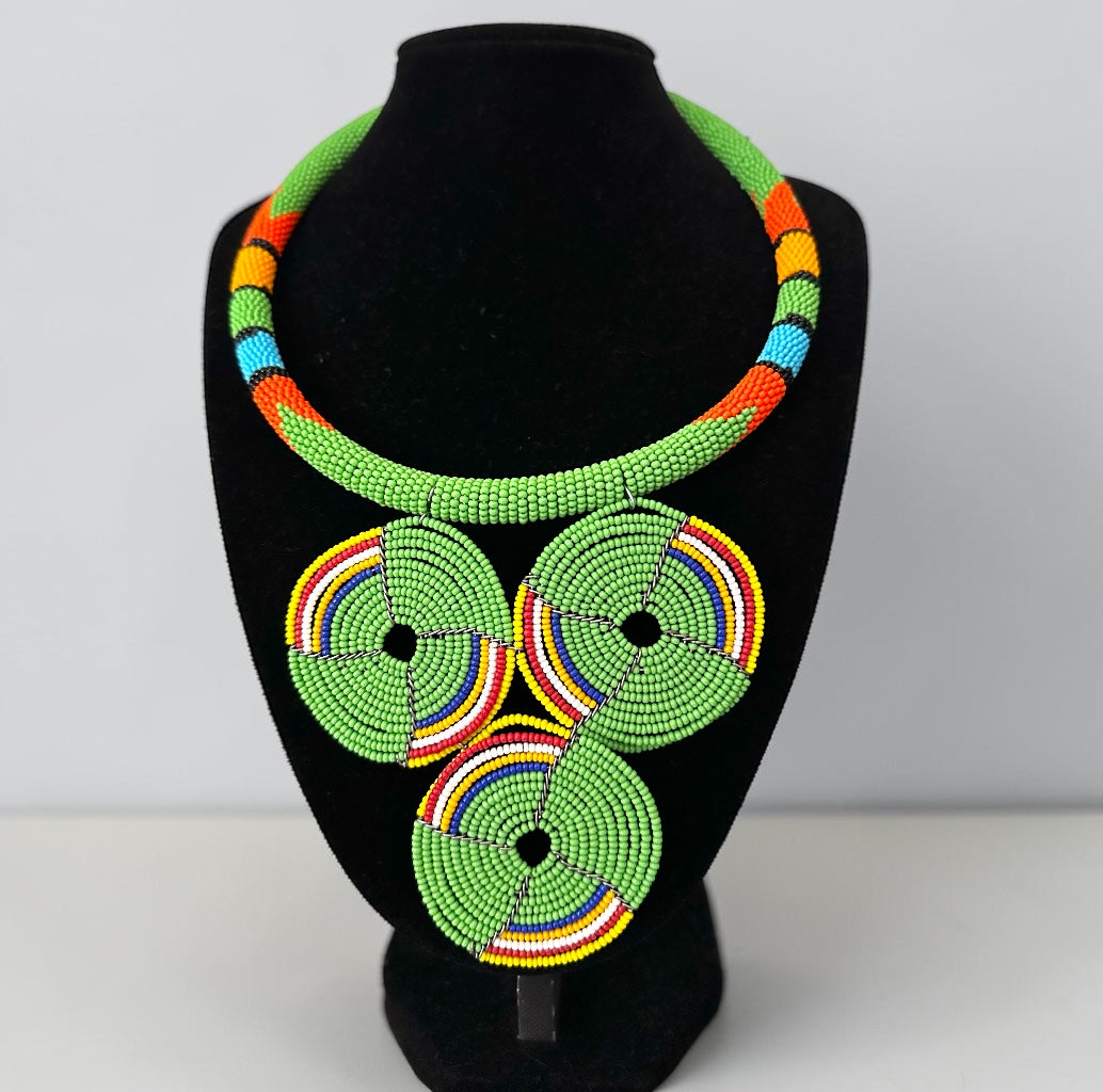 Maasai Green Triple Ring Beaded Necklace | African Statement Jewellery