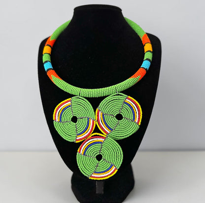 Maasai Green Triple Ring Beaded Necklace | African Statement Jewellery