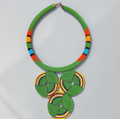 Maasai Green Triple Ring Beaded Necklace | African Statement Jewellery