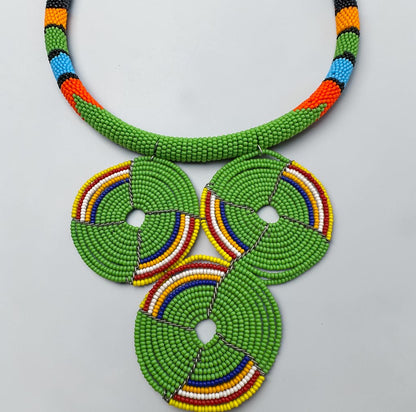 Maasai Green Triple Ring Beaded Necklace | African Statement Jewellery