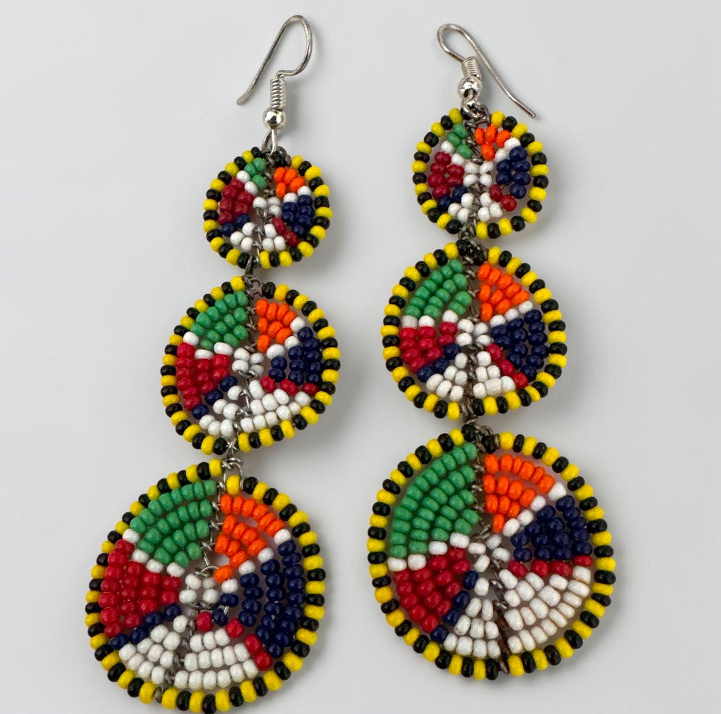 Maasai Triple Disc Beaded Drop Earrings | African Statement Earrings