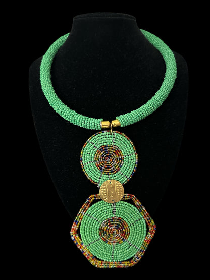 Green Beaded Double Disc Pendant Necklace | African Statement Jewellery