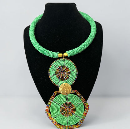 Green Beaded Double Disc Pendant Necklace | African Statement Jewellery