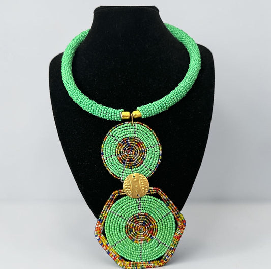 Green Beaded Double Disc Pendant Necklace | African Statement Jewellery