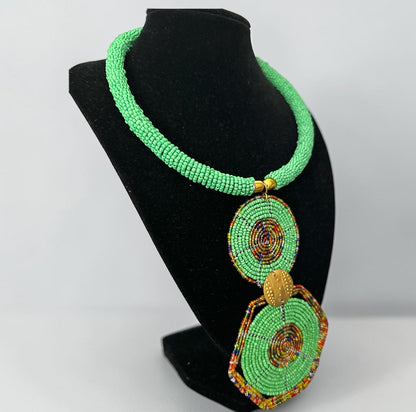 Green Beaded Double Disc Pendant Necklace | African Statement Jewellery