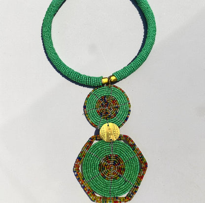 Green Beaded Double Disc Pendant Necklace | African Statement Jewellery