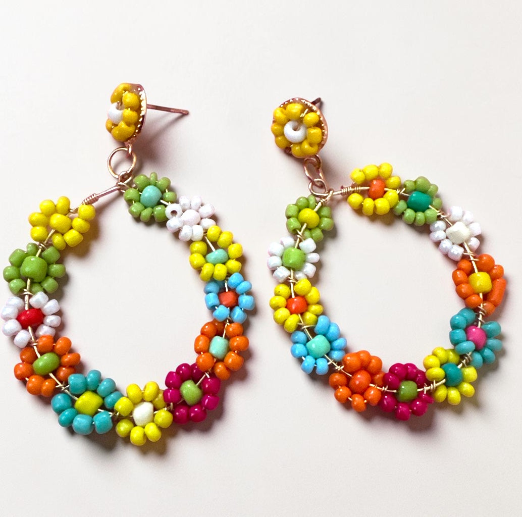 Multicolour Beaded Flower Hoop Earrings | Boho Statement Earrings Fatisha Boutique