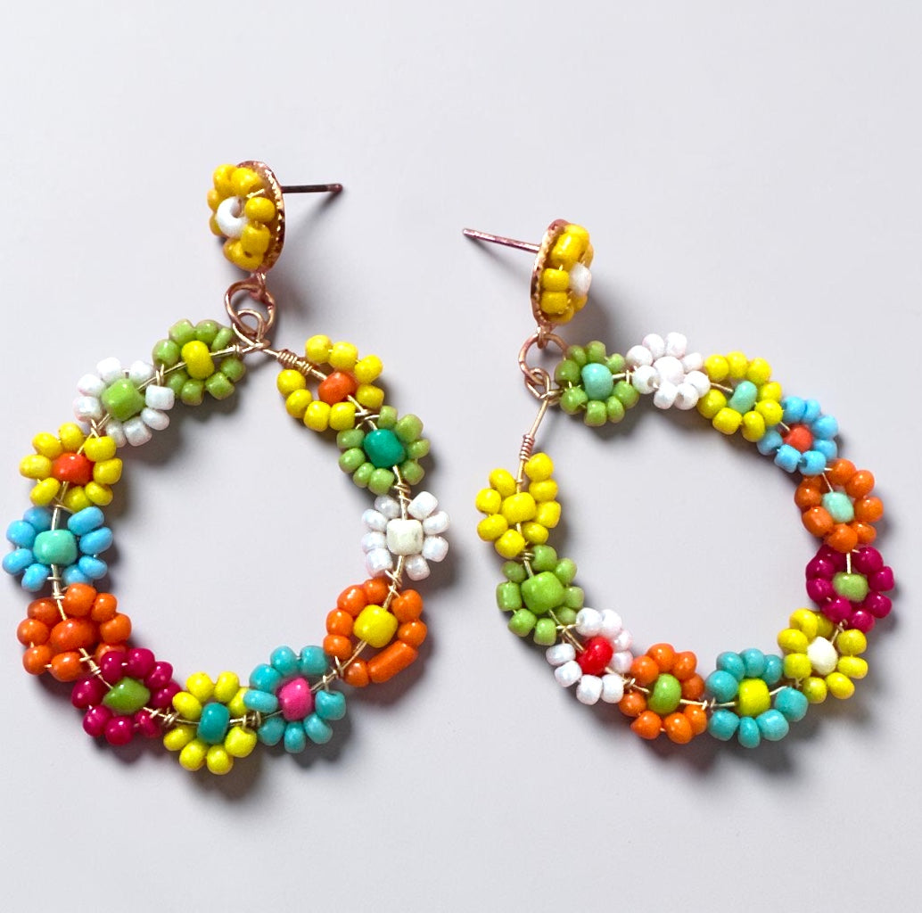 Multicolour Beaded Flower Hoop Earrings | Boho Statement Earrings