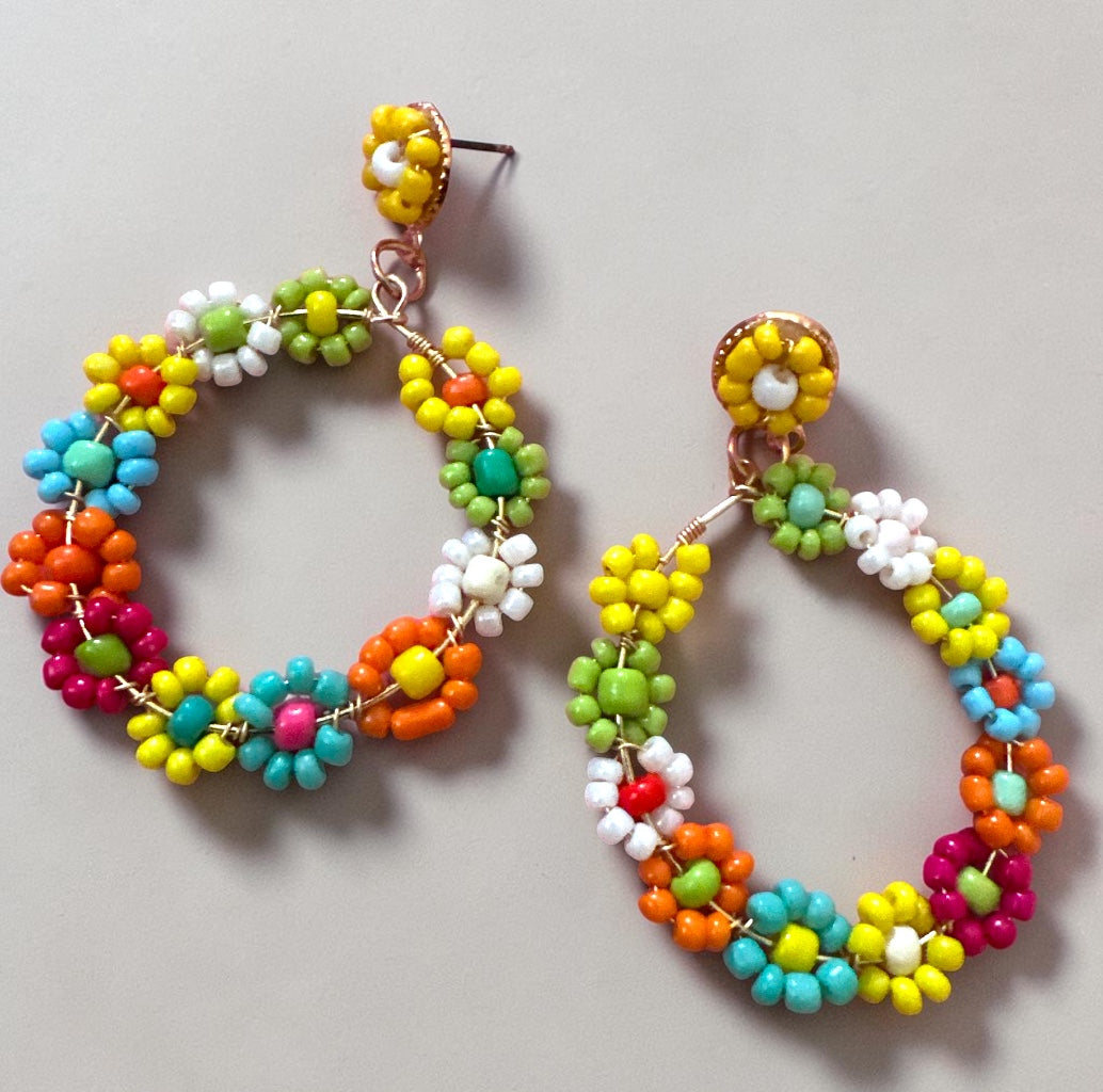 Multicolour Beaded Flower Hoop Earrings | Boho Statement Earrings Fatisha Boutique