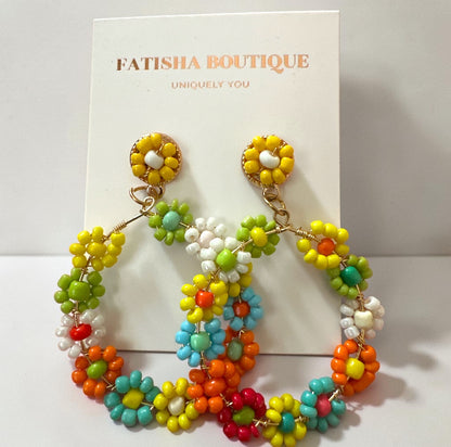 Multicolour Beaded Flower Hoop Earrings | Boho Statement Earrings