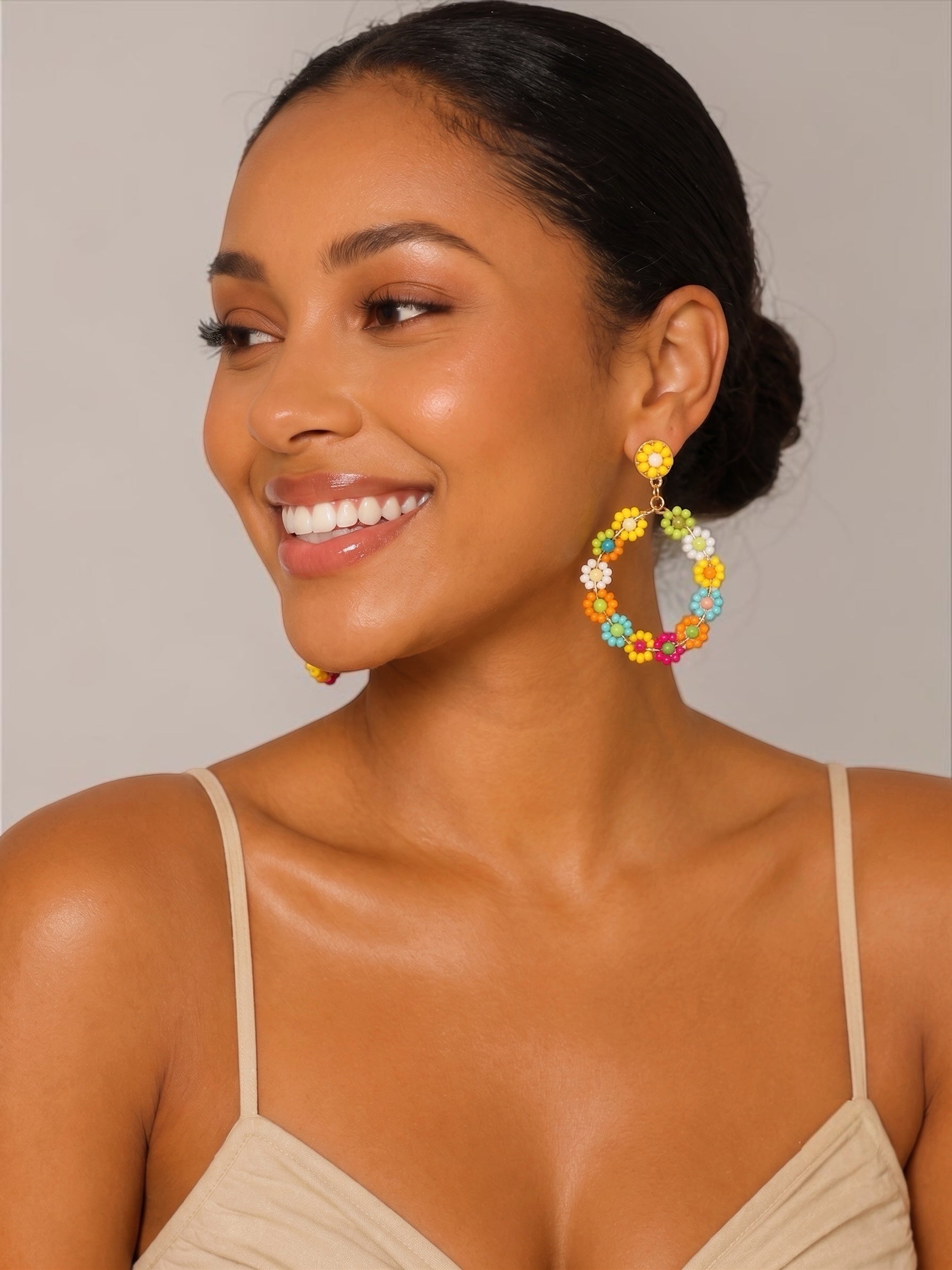 Multicolour Beaded Flower Hoop Earrings | Boho Statement Earrings