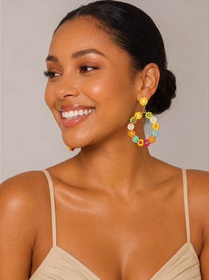 Multicolour Beaded Flower Hoop Earrings | Boho Statement Earrings