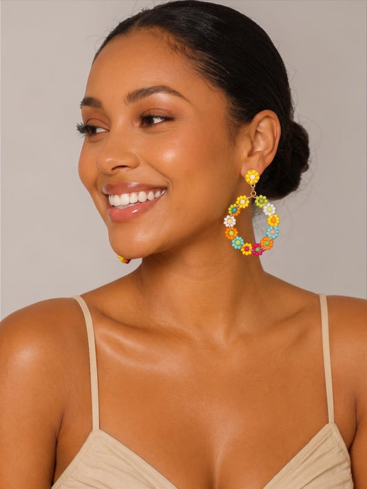 Multicolour Beaded Flower Hoop Earrings | Boho Statement Earrings