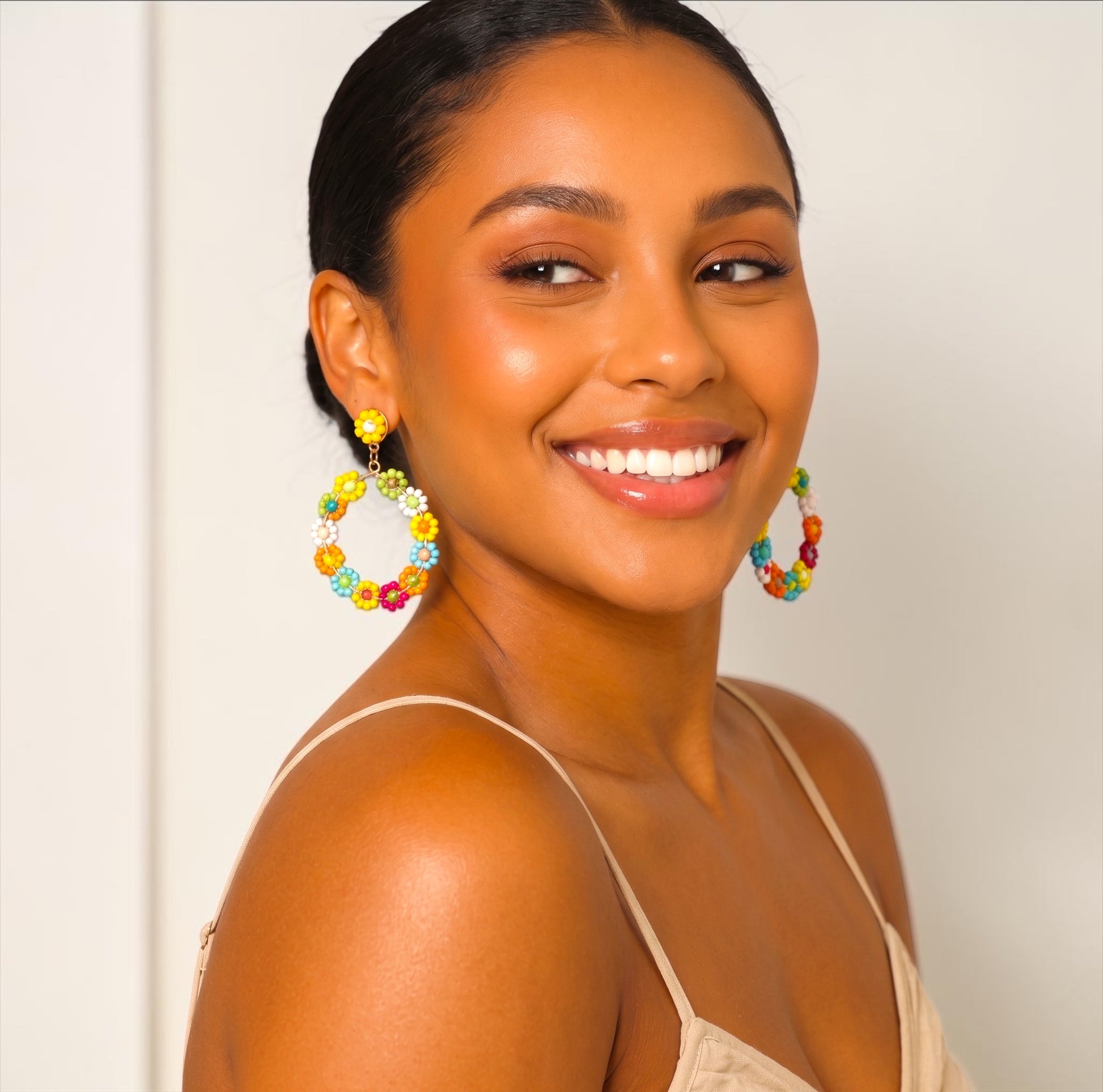 Multicolour Beaded Flower Hoop Earrings | Boho Statement Earrings