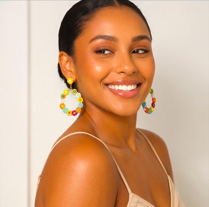Multicolour Beaded Flower Hoop Earrings | Boho Statement Earrings