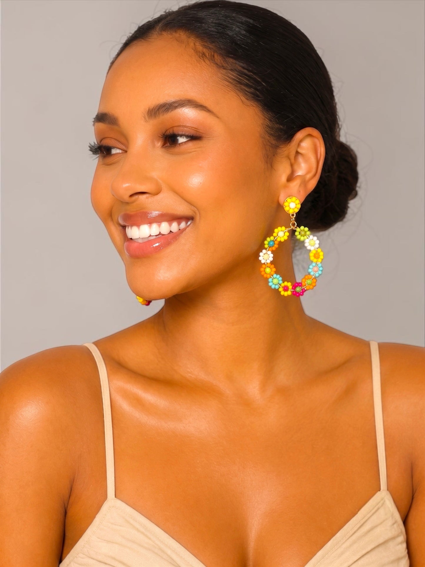 Multicolour Beaded Flower Hoop Earrings | Boho Statement Earrings Fatisha Boutique