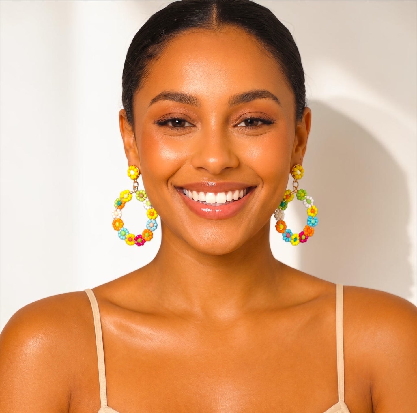 Multicolour Beaded Flower Hoop Earrings | Boho Statement Earrings Fatisha Boutique