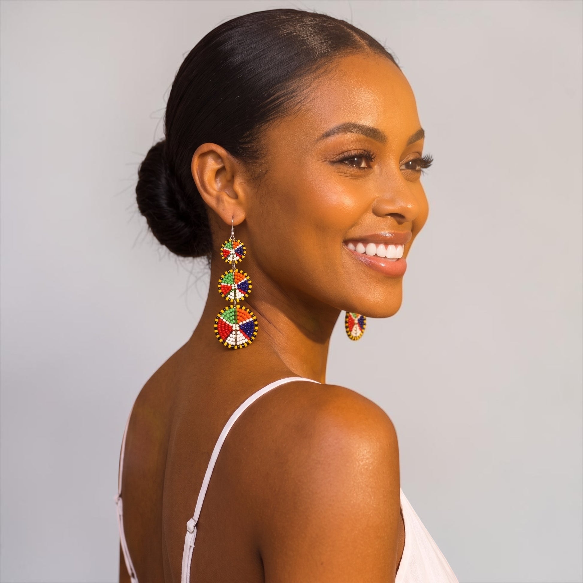 Maasai Triple Disc Beaded Drop Earrings | African Statement Earrings