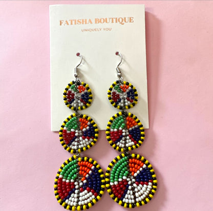 Maasai Triple Disc Beaded Drop Earrings | African Statement Earrings