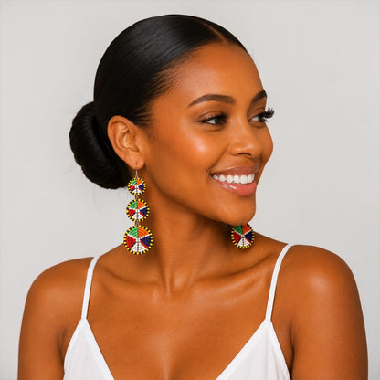 Maasai Triple Disc Beaded Drop Earrings | African Statement Earrings