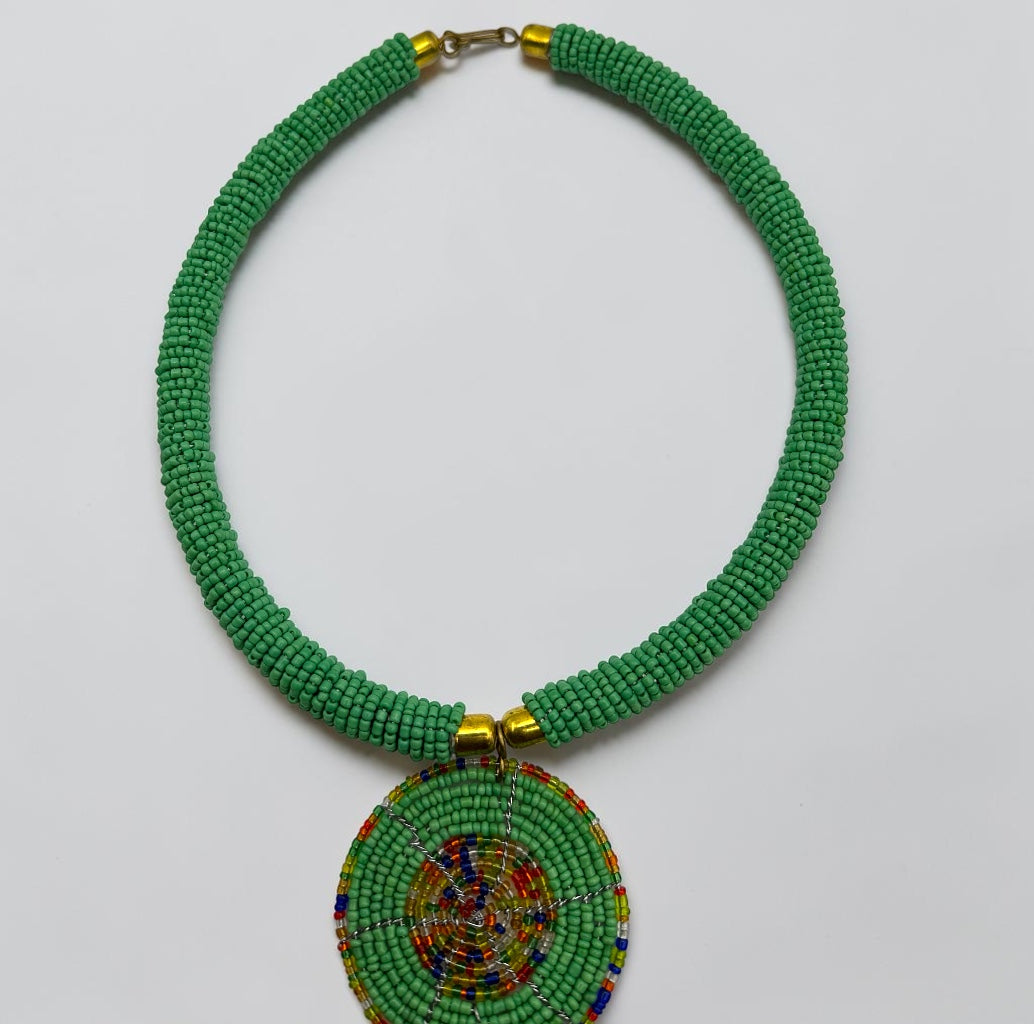 Green Beaded Double Disc Pendant Necklace | African Statement Jewellery