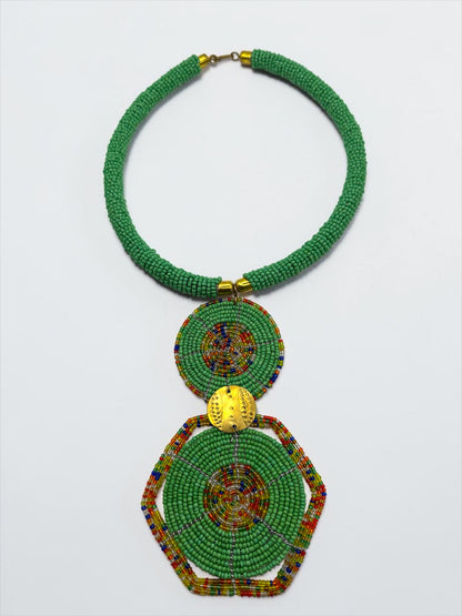 Green Beaded Double Disc Pendant Necklace | African Statement Jewellery