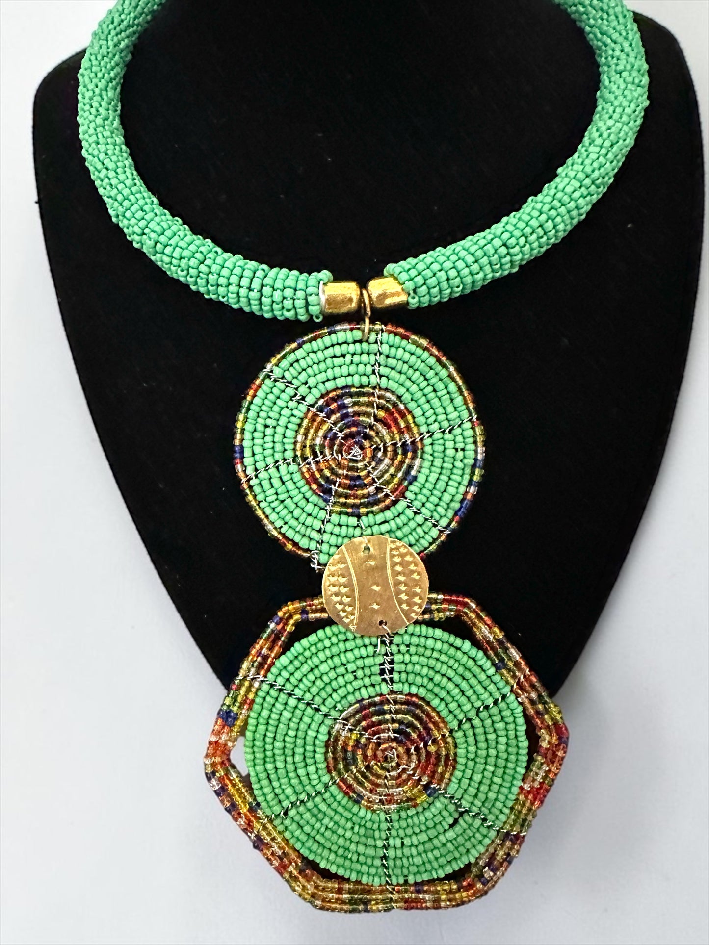 Green Beaded Double Disc Pendant Necklace | African Statement Jewellery Fatisha Boutique