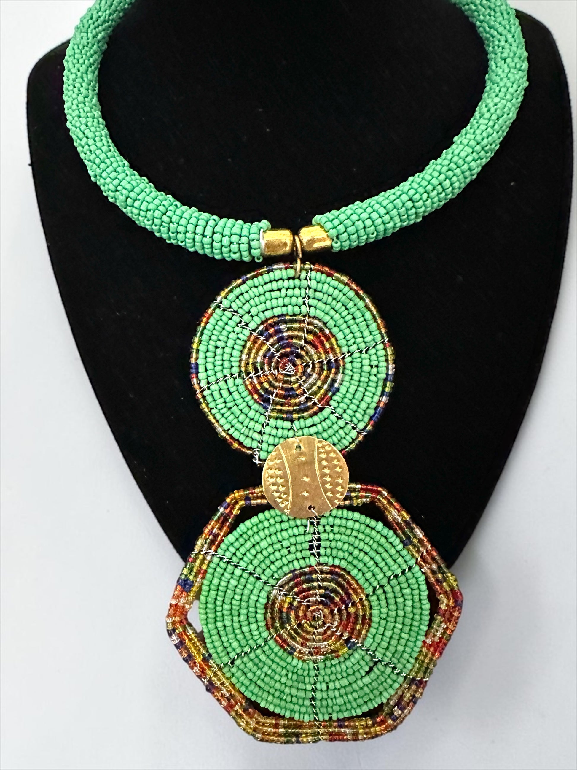 Green Beaded Double Disc Pendant Necklace | African Statement Jewellery