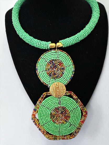 Green Beaded Double Disc Pendant Necklace | African Statement Jewellery