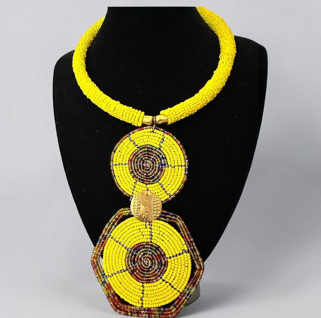 Yellow Maasai-Style Double Disc African Beaded Necklace Fatisha Boutique