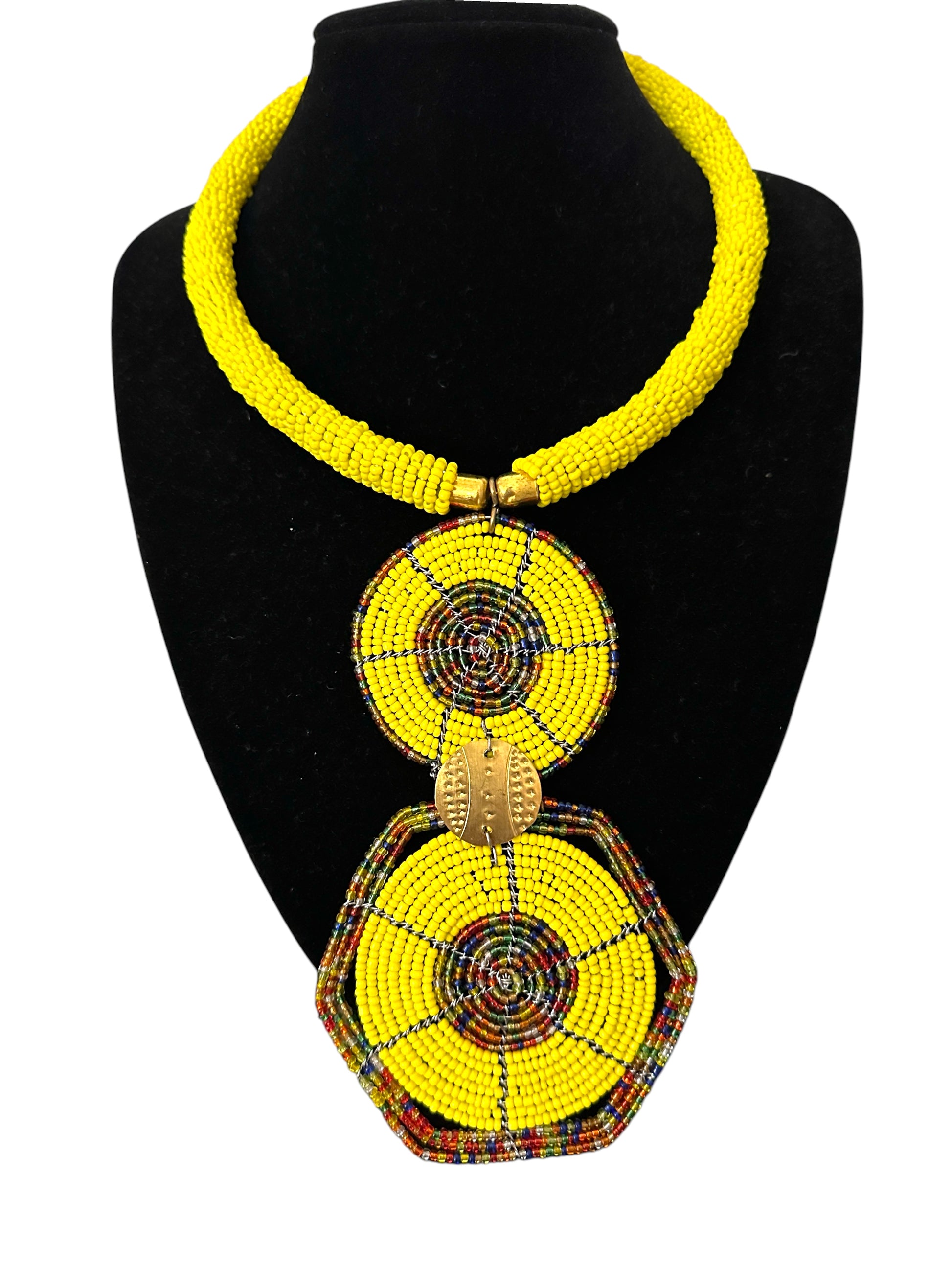 Yellow Maasai-Style Double Disc African Beaded Necklace