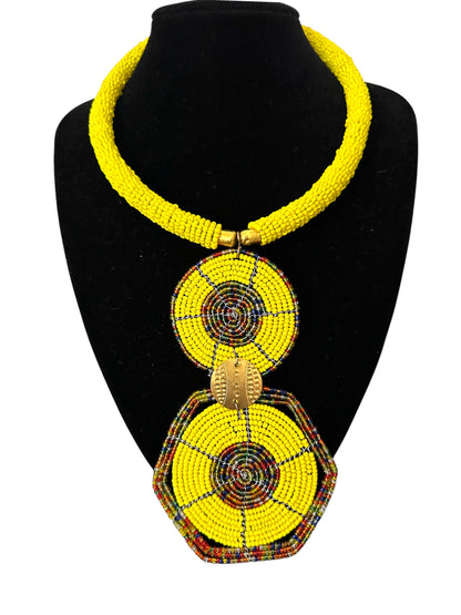 Yellow Maasai-Style Double Disc African Beaded Necklace