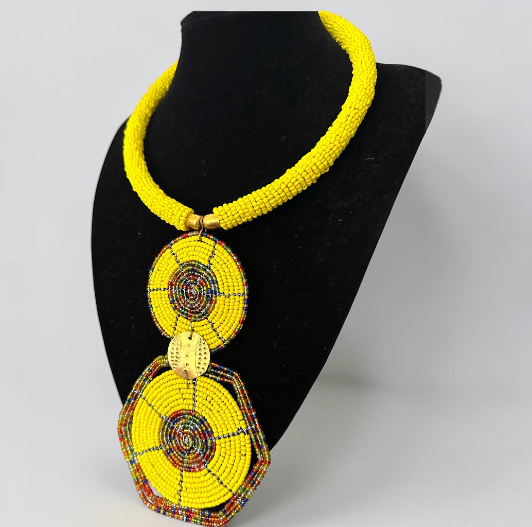 Yellow Maasai-Style Double Disc African Beaded Necklace Fatisha Boutique